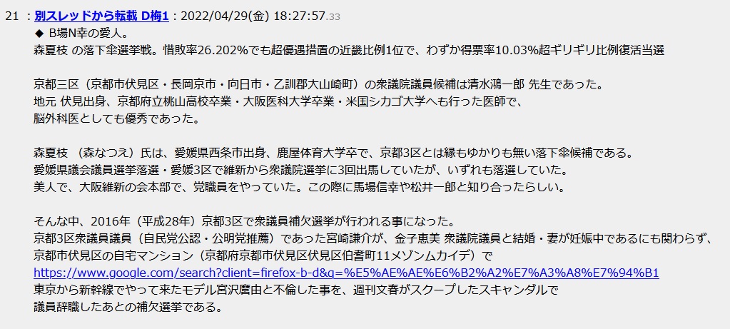 森夏枝 の落下傘選挙戦。惜敗率26.202%でも超優遇措置の近畿比例1位で、わずか得票率10.03%超ギリギリ比例復活当選 京都三区(京都市伏見区・長岡京市・向日市・乙訓郡大山崎町)の衆議院議員候補は清水鴻一郎 先生であった。地元 伏見出身、京都府立桃山高校卒業・大阪医科大学卒業・米国シカゴ大学へも行った医師で、脳外科医としても優秀であった。森夏枝 (森なつえ)氏は、愛媛県西条市出身、鹿屋体育大学卒で、京都3区とは縁もゆかりも無い落下傘候補である。愛媛県議会議員選挙落選・愛媛3区で維新から衆議院選挙に3回出馬していたが、いずれも落選していた。美人で、大阪維新の会本部で、党職員をやっていた。この際に馬場信幸や松井一郎と知り合ったらしい。そんな中、2016年(平成28年)京都3区で衆議員補欠選挙が行われる事になった。京都3区衆議員議員(自民党公認・公明党推薦)であった宮崎謙介が、金子恵美 衆議院議員と結婚・妻が妊娠中であるにも関わらず、京都市伏見区の自宅マンション(京都府京都市伏見区伏見区伯耆町11メゾンムカイデ)で東京から新幹線でやって来たモデル宮沢麿由と不倫した事を、週刊文春がスクープしたスキャンダルで議員辞職したあとの補欠選挙である 森夏枝 の落下傘選挙戦。惜敗率26.202%でも超優遇措置の近畿比例1位で、わずか得票率10.03%超ギリギリ比例復活当選 京都三区(京都市伏見区・長岡京市・向日市・乙訓郡大山崎町)の衆議院議員候補は清水鴻一郎 先生であった。地元 伏見出身、京都府立桃山高校卒業・大阪医科大学卒業・米国シカゴ大学へも行った医師で、脳外科医としても優秀であった。森夏枝 (森なつえ)氏は、愛媛県西条市出身、鹿屋体育大学卒で、京都3区とは縁もゆかりも無い落下傘候補である。愛媛県議会議員選挙落選・愛媛3区で維新から衆議院選挙に3回出馬していたが、いずれも落選していた。美人で、大阪維新の会本部で、党職員をやっていた。この際に馬場信幸や松井一郎と知り合ったらしい。そんな中、2016年(平成28年)京都3区で衆議員補欠選挙が行われる事になった。京都3区衆議員議員(自民党公認・公明党推薦)であった宮崎謙介が、金子恵美 衆議院議員と結婚・妻が妊娠中であるにも関わらず、京都市伏見区の自宅マンション(京都府京都市伏見区伏見区伯耆町11メゾンムカイデ)で東京から新幹線でやって来たモデル宮沢麿由と不倫した事を、週刊文春がスクープしたスキャンダルで議員辞職したあとの補欠選挙である